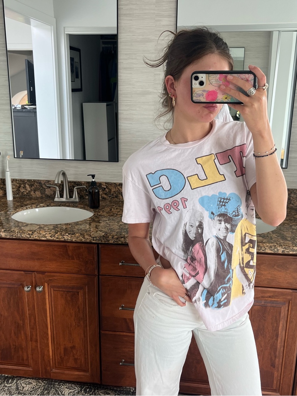 TLC Graphic Tee in Light Pink with Yellow & Blue Accents